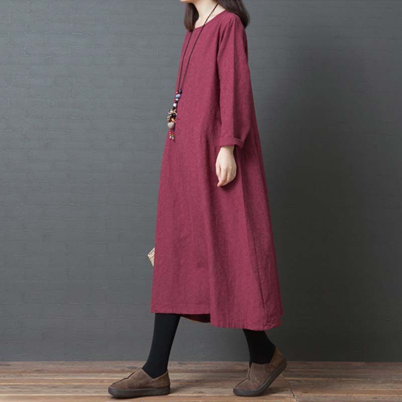 

2023 Spring New Style Artistic Loose-Fitting Solid Color Cotton and Linen Round Neck Long-Sleeved Dress for Women Mid-Length Red M