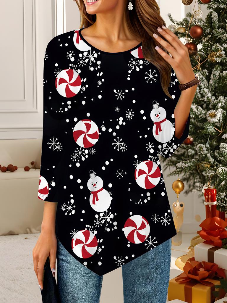 Women's Loose Round Neck Three Quarter Sleeve Tee 3D Christmas Pattern Ideal Halloween and Christmas Gift