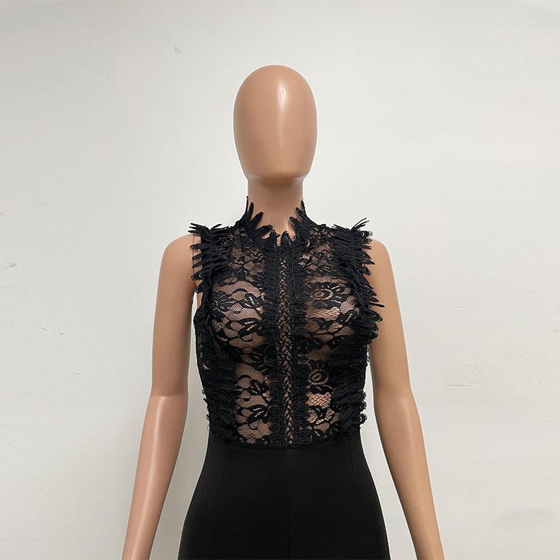 GMXIA Macacão feminino de gola alta, perna reta, renda, crochê, sem mangas