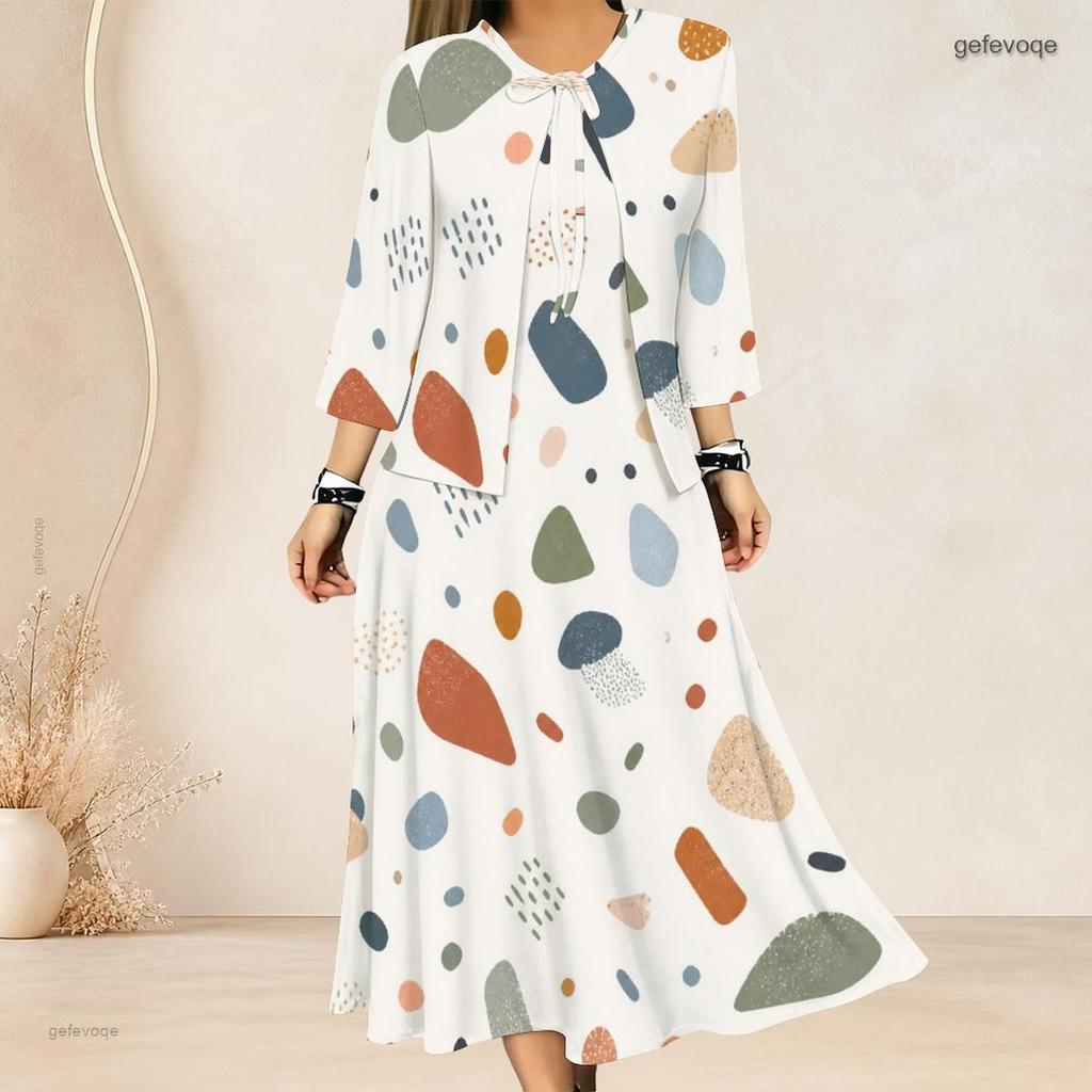 Women Plus Size Abstract Printed Two Piece Dress Set Three Quarter Sleeve Cardigan Sleeveless Long Dress