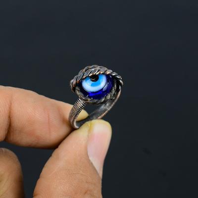 Blue Evil Eye Gemstone Copper Wire Wrapped Handmade Jewelry Ring For Her All Size