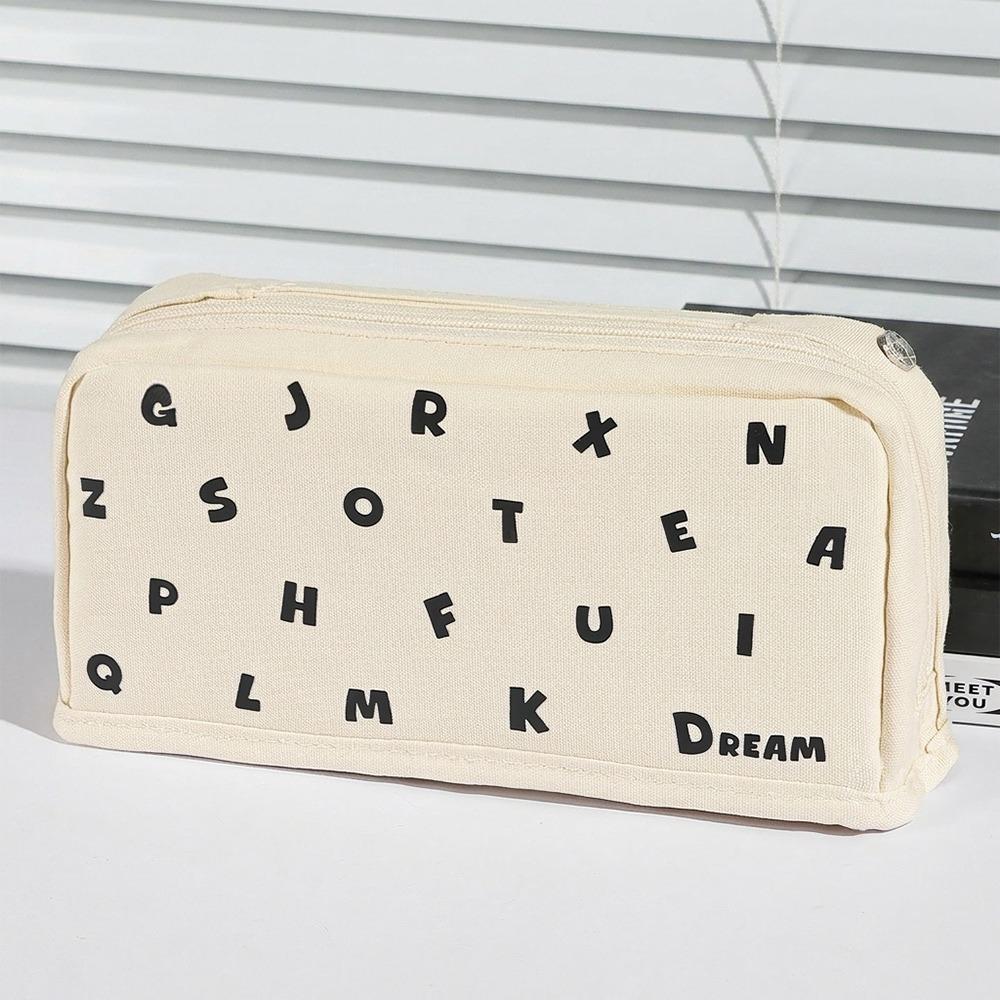 Durable Letter Print Pencil Case Large Capacity Standing Pencil Pouch Multi-Functional Pen Bag Students