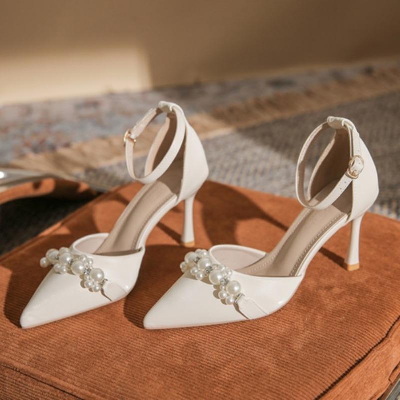 

Fashion Women s Fashion Thin Heel Shoes Spring New Pointed Head Shallow Mouth Bead Hollow Anti-slip Wear-resistant High Heels 34