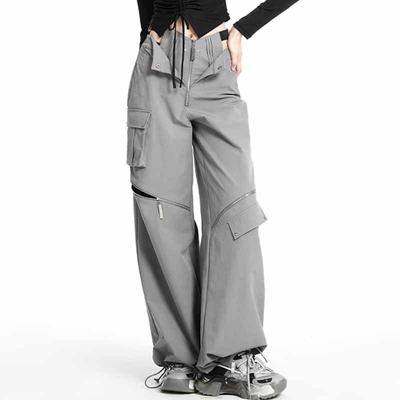 Cargo-Hosen für Damen, Techwear, Harajuku, Y2K, aushöhlen, lässige Hose mit weitem Bein, amerikanische Streetwear, Hip Hop, Reißverschluss