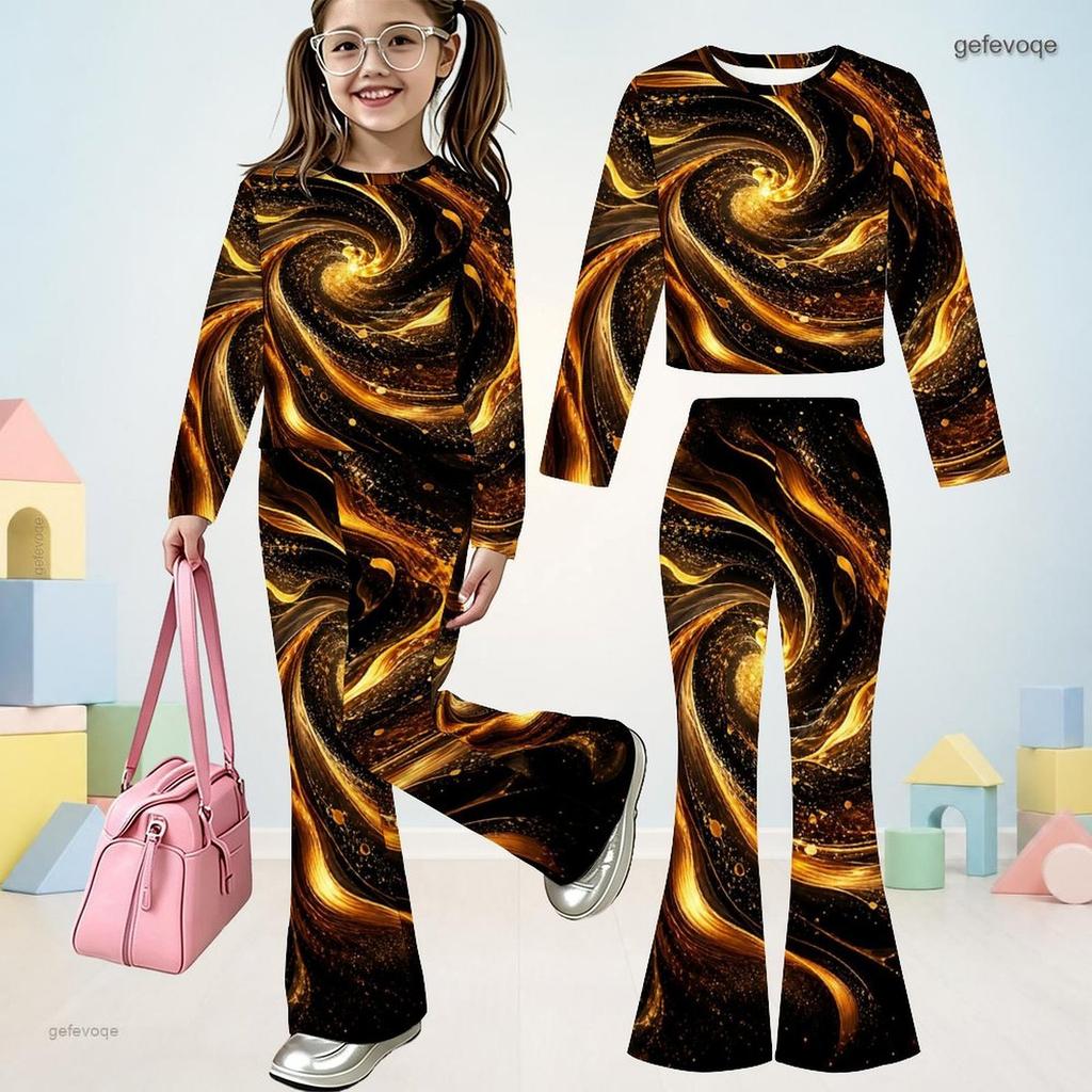 Girls Round Neck Long Sleeve Glitter Swirl Printed Top Flared Pants Two Piece Set