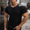 Men V-Neck Short Sleeve T-Shirt Fitness Slim Fit Sports Stripes Solid Color Tee Tops Breathable Gym Clothing for Sports Travel Office