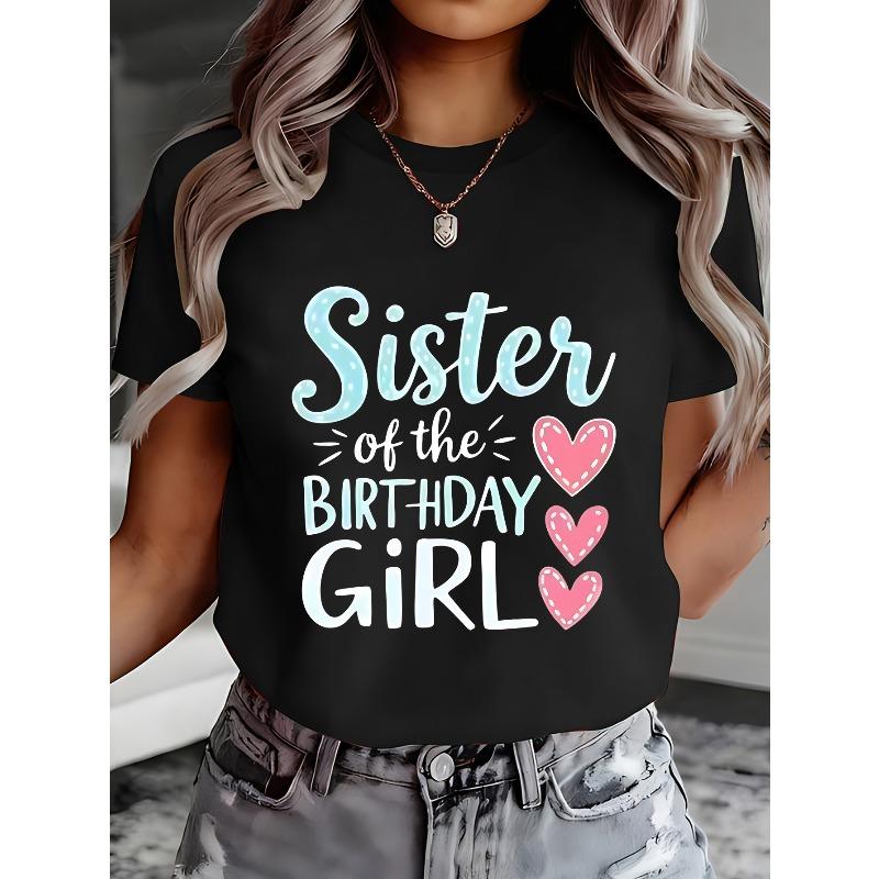 European Size Casual Pink Heart-Decorated Birthday Sister T-Shirt | Cute and Cozy Printed Short-Sleeve Tee for Women, All-Season Comfort