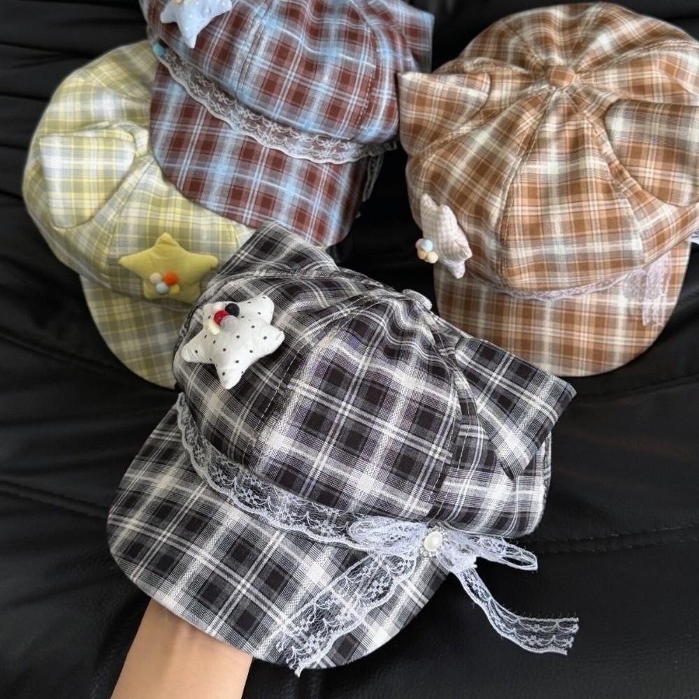 Sun Protection Plaid Octagonal Cap Stars Lace Decor Artist Hat Cute Berets Women's Fashion