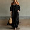 New Women's Clothing, Casual Loose and Gentle Wind Beach Vacation One-word Shoulder Bubble Sleeves Cotton and Linen Solid Color Long Dress