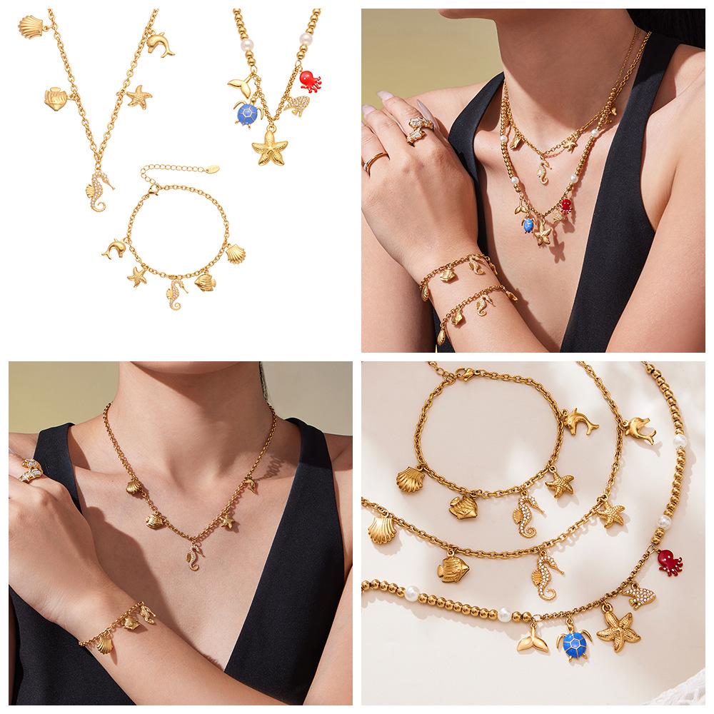 Ocean Style 18K Gold Plated DIY Enamel Jewelry Set with Zircon Seahorse & Starfish Pendants