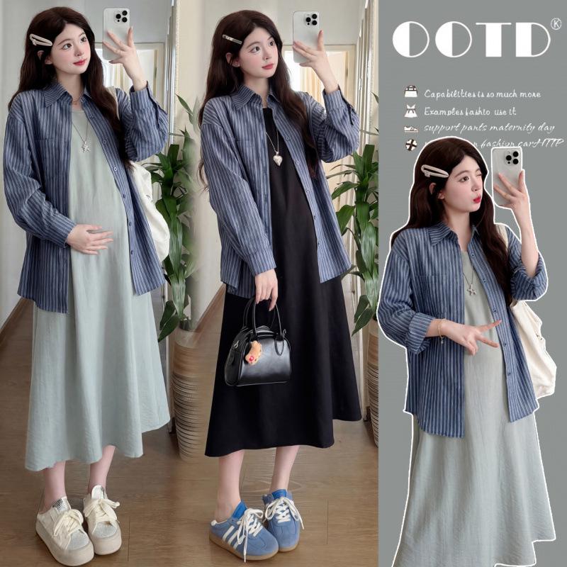 Spring/Summer Maternity Set: Stylish Long-Sleeve Shirt & Overalls Dress XL