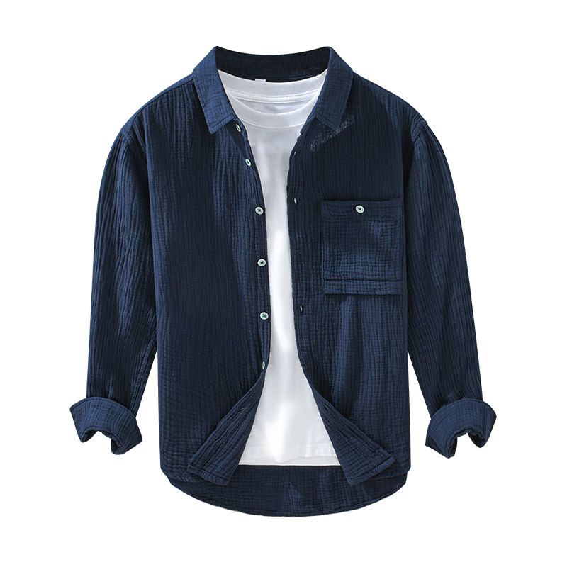 New Style Men's Spring Loose-Fitting High-End Pure Cotton Long-Sleeve Shirt with Solid Color Turn-Down Collar, Export Surplus
