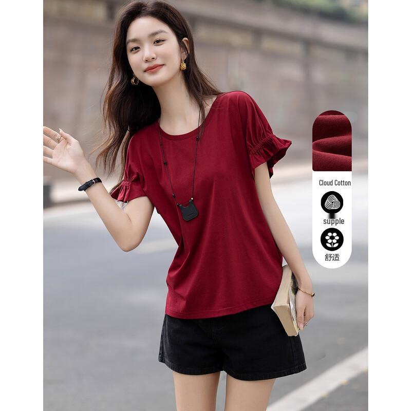 Demana Women s Ruffle Hem Shirred Sleeve High-Low T-Shirt L