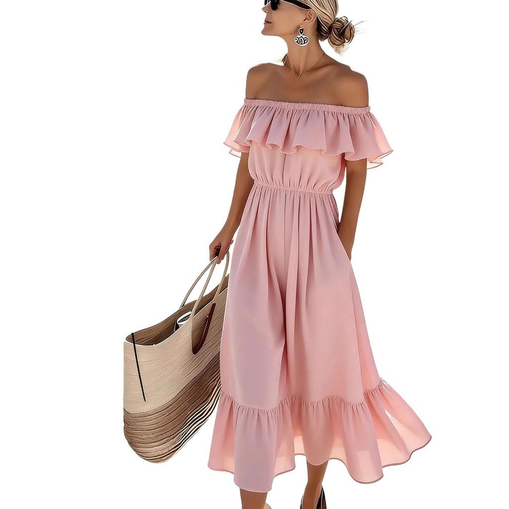 Women’s Off Shoulder Ruffle Hem Midi Dress Casual Loose Fit Summer Dress with Elastic Waist and Flowy for Daily Wear