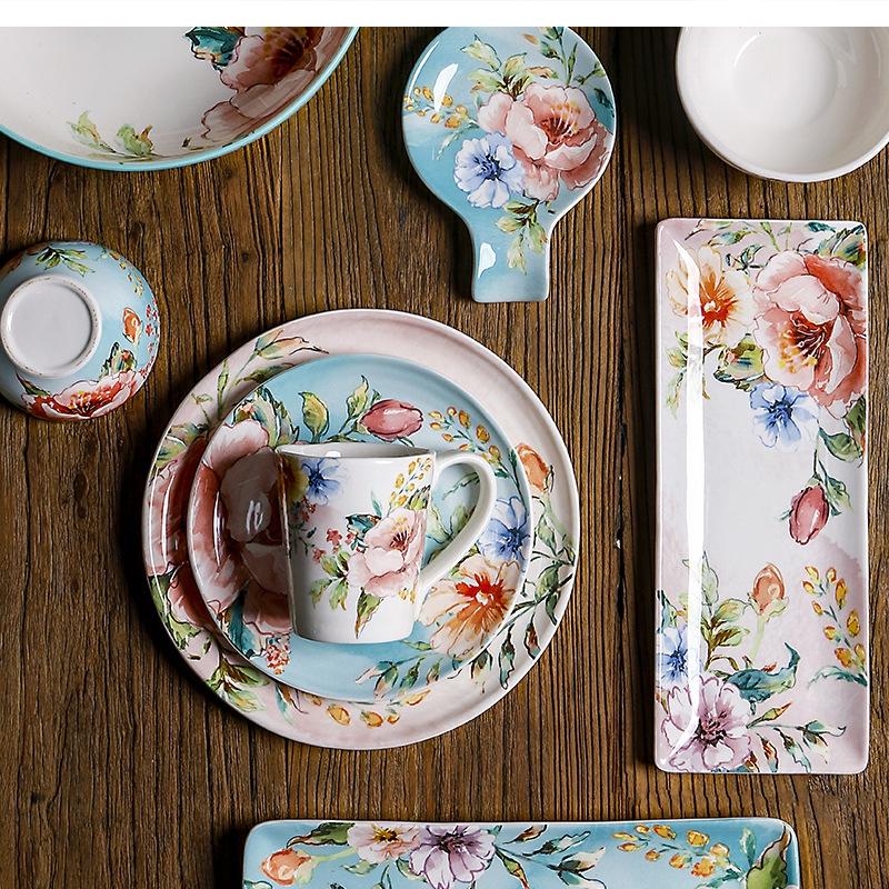 Floral Ceramic Dinner Underglaze Rectangular 12-inch Large Soup Household Set