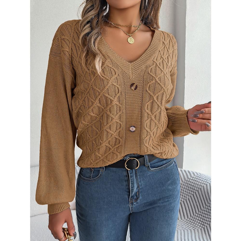 Autumn and Winter Casual Button Twist Lantern Sleeve Pullover Sweater