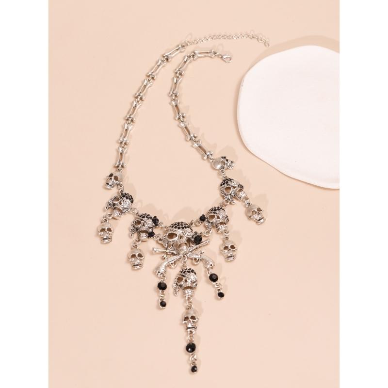 Halloween Pirate Skull Necklace Unisex Personality Skeleton Pendant Bones Chain Alloy Choker Women Jewelry Accessories