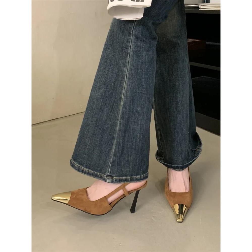 Spitze Dünne Absätze Slingback Pumps Damen KLEID für Metallverzierung Flache Luxus Schuhe Größe:35 40