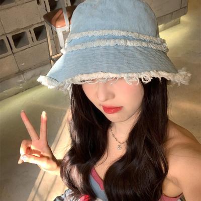 Japanese Style Washed Denim Fisherman Hat for Women Summercasualeasiest for Match Raw Edge Large Brim Face Small Basin Hat Trendy