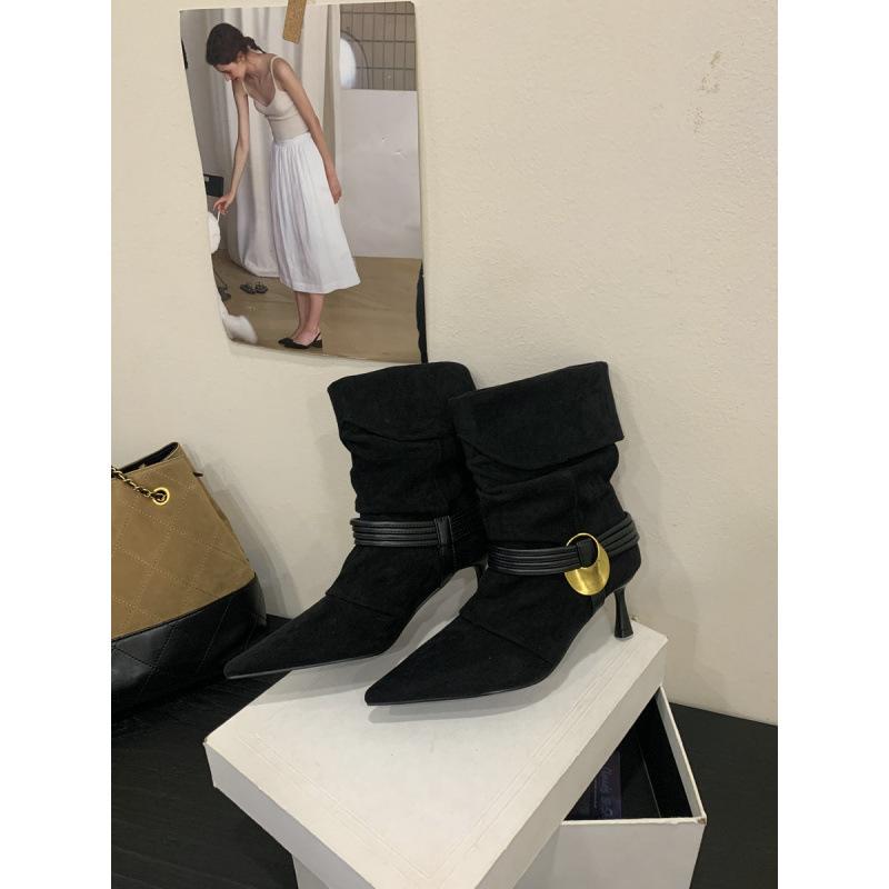 

Vintage pointed fashion boots women s 2025 autumn and winter Maillard western cowboy boots suede pleated niche thin boots 39 темно-коричневого