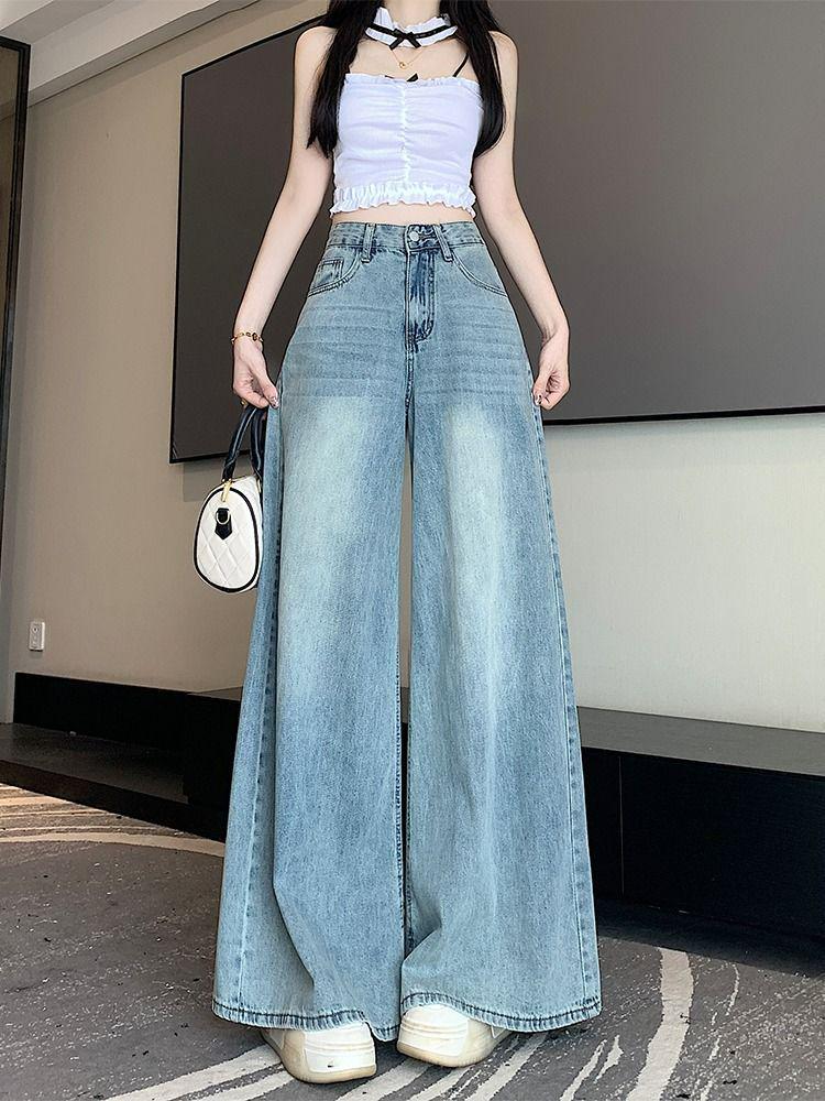 Women's Summer 2025 High-Waisted Wide-Leg Jeans, Floor-Length, Plus Size, Lightweight, Slimming Drape.