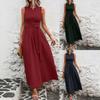 Women's Solid Color Sleeveless Crew Neck Ice Silk Crinkle Dress, Loose Casual Tie Waist Long Dress With Pockets, Elegant Holiday Party Dress