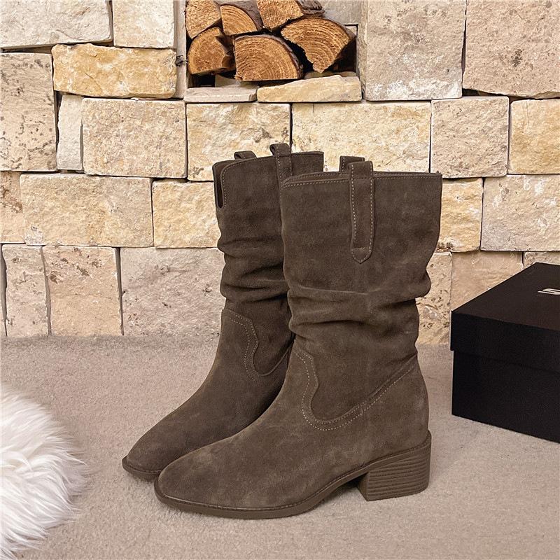 Coarse-heeled short boots women's 2025 autumn new high-heeled pointed-toed thin pleated piled boots retro British fashion boots