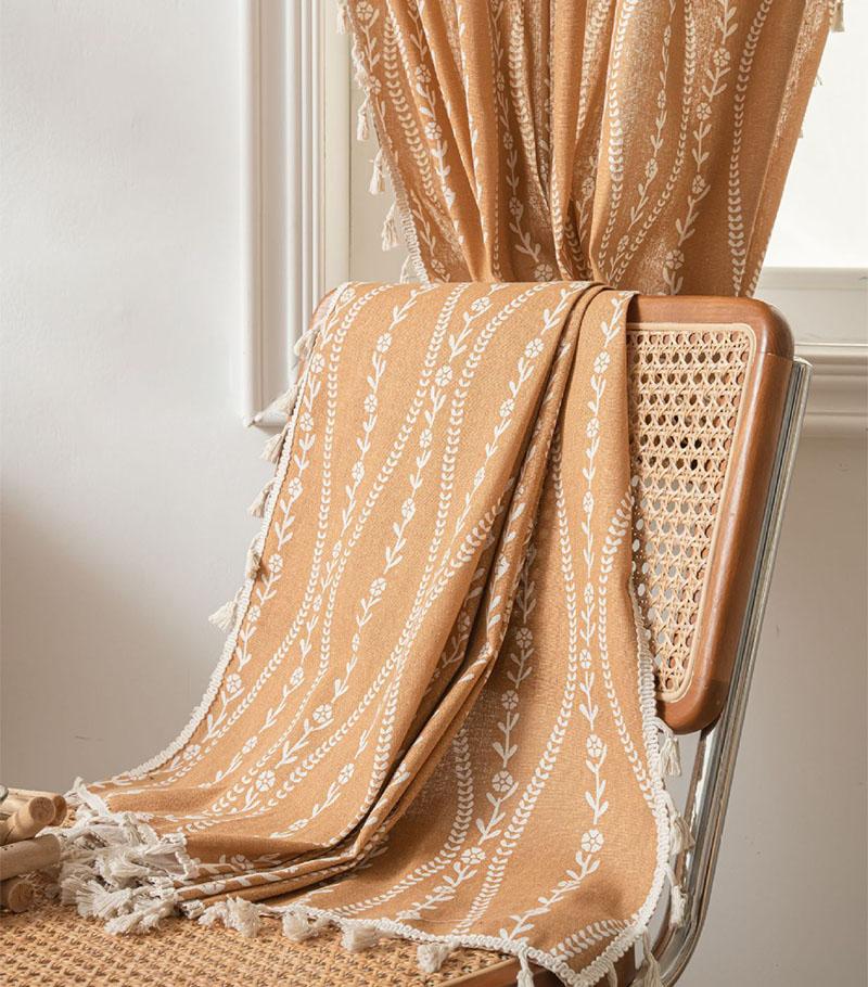 Boho Curtain for Living Room,Cotton Linen Semi Sheer Vintage Farmhouse Printed Floral Curtain For Kitchen Living Room Bedroom