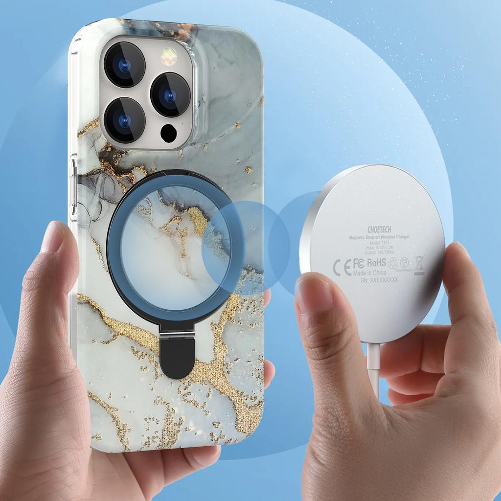 For iPhone 15 Pro Max Kickstand Case Marble Pattern PC+TPU Magnetic Phone Cover