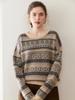 Women's Color Block Cashmere Knit Sweater - 2025 Winter Collection, Fair Isle Jacquard, Round Neck, Gentle Style.