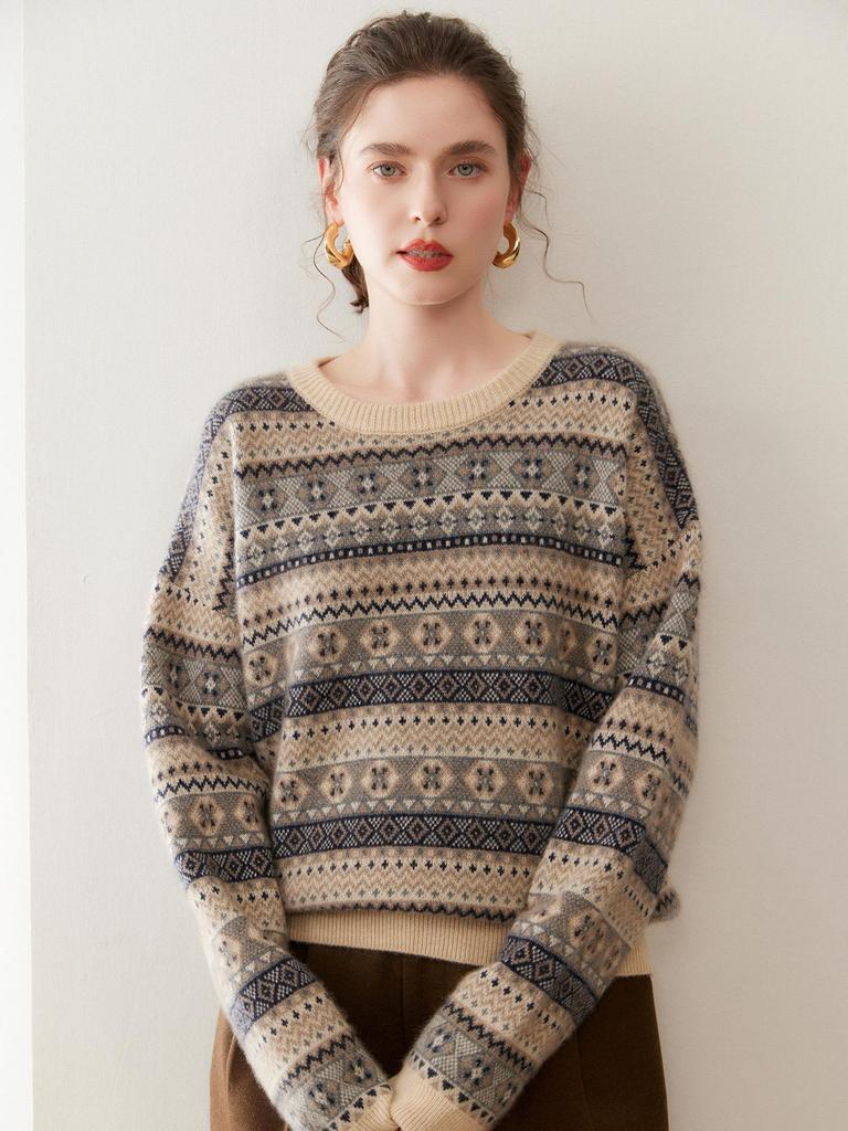 Women's Color Block Cashmere Knit Sweater - 2025 Winter Collection, Fair Isle Jacquard, Round Neck, Gentle Style.