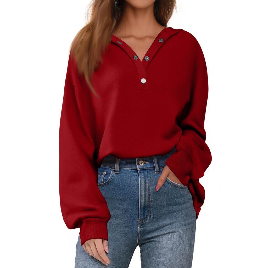 Dameknapp Ensfarvet Pullover Topper Casual Langermet Sweatshirts