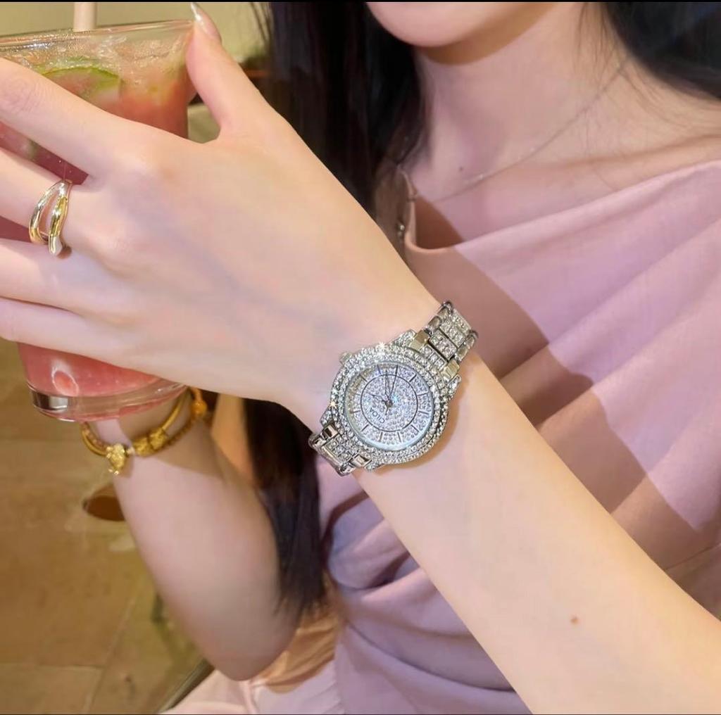 Diamond-decorated silver watch