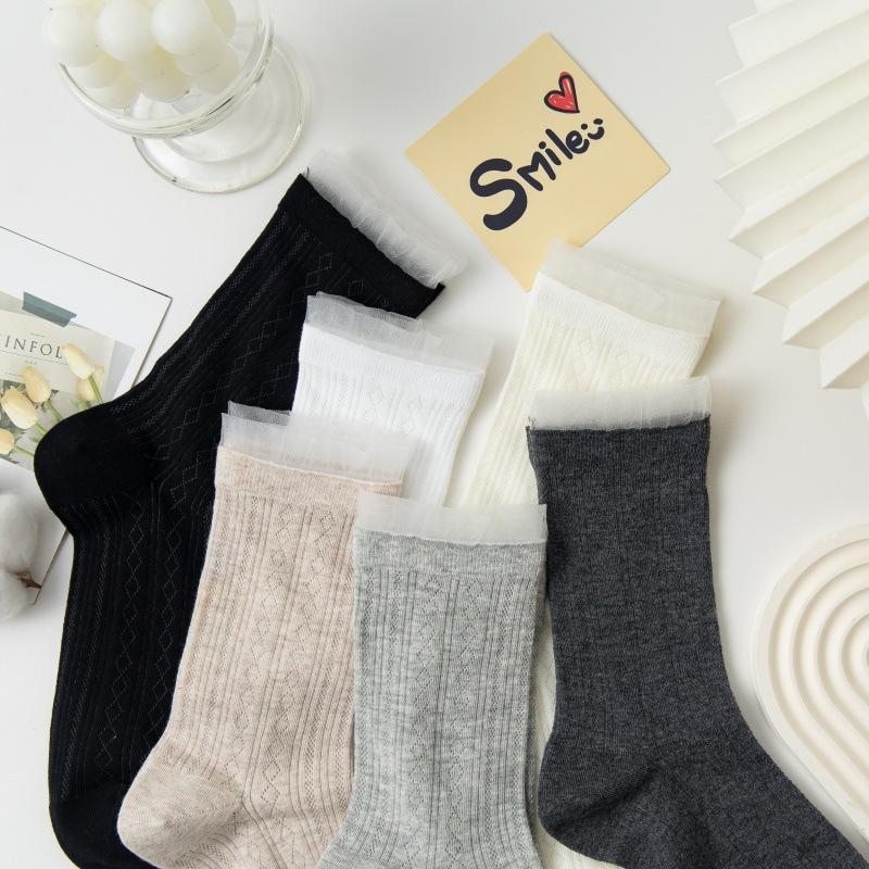 Ladies Spring and Summer New Wave Pattern Hollow Ballet Wind Breathable Boneless Tube Socks