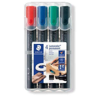 Lumocolor Permanent Markers, Wide Chisel Tip, Refillable, 4 Colors (Red, Blue, Green, Black) 350 WP4