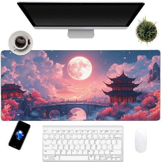 Japanese Cherry Blossoms Art Mouse Pad 31.5"x12" Large - Japanese Traditional Design Water-Resistant Surface Desk Mat with Non-Skid Base for