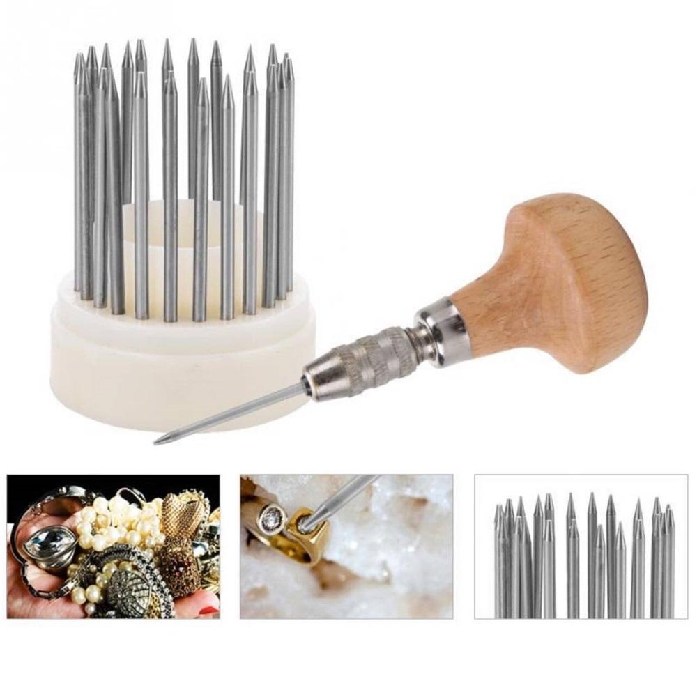 Kit per Incastonare Pietre Preziose con 23 Punte e Manico in Legno, Strumenti di Precisione per Perline, Diamanti, Perle e Gemme