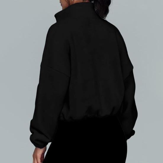 Women's Zip Drawstring Fleece Short Jacket Full Hem Stand Collar Warm