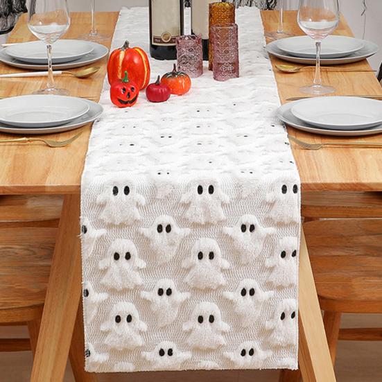 Ghost Pattern Table Runner Plush Faux Fur Jacquard Table Flag Halloween Decoration Halloween Party Supplies