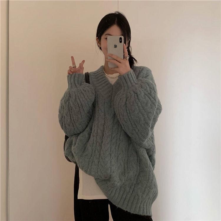 2025 Women's V-Neck Cable Knit Sweater - Autumn/Winter Loose-Fit, Warm, Niche Design