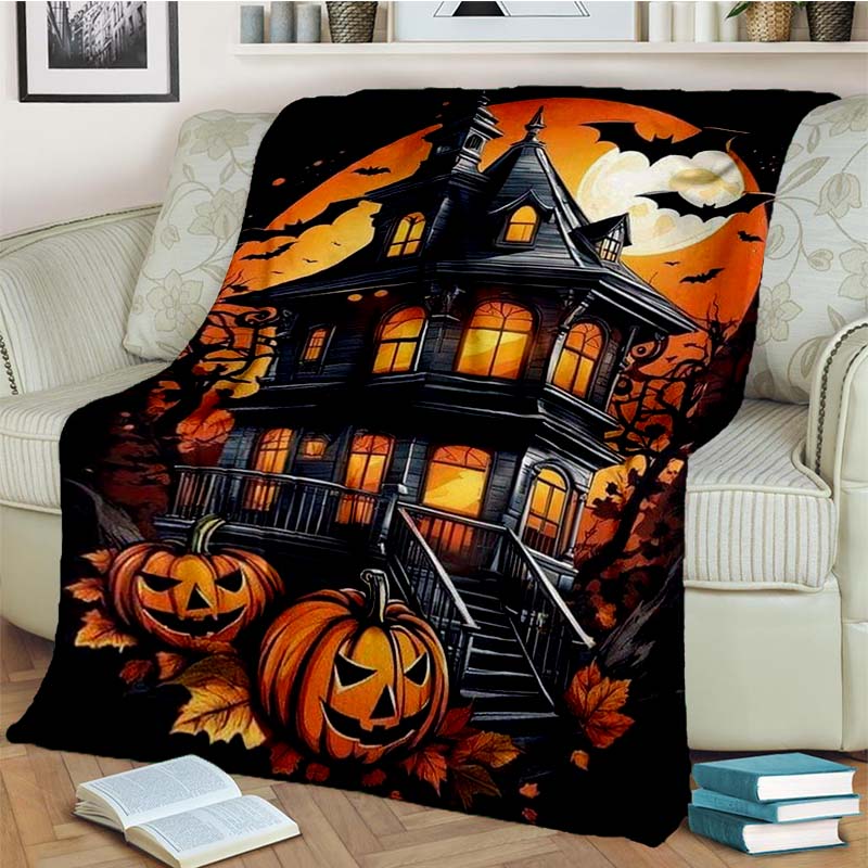 Halloween Pumpkin Ghost Print Flannel Blanket Cozy Warm Throw Bedroom Sofa Present Indoor Home Holiday Lounge Bedding Decor