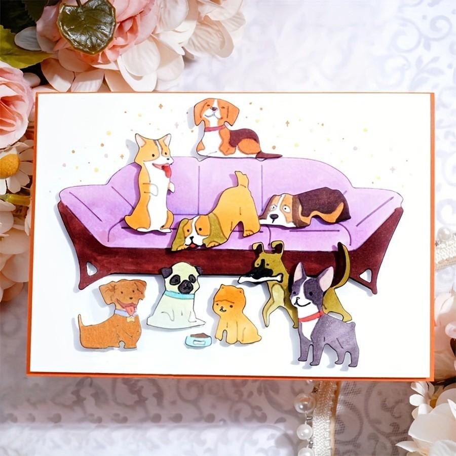 2 Stück/Los Hunde Stanzformen für Kartenherstellung, Welpen Metallschneidformen, Metallstanzform, Scrapbooking Stanzformen, DIY geätzte Prägeschablone für Bastelarbeiten