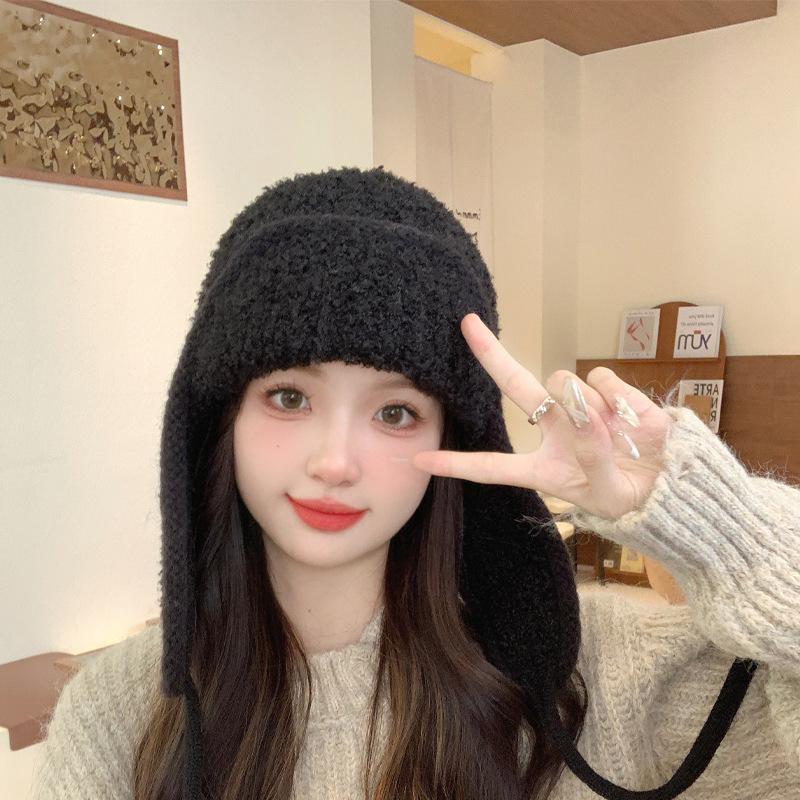 Winter New Women's Ear Protectors Headgear Warm Lace-up Lei Feng Hat Student Solid Color Simple Flying Hat
