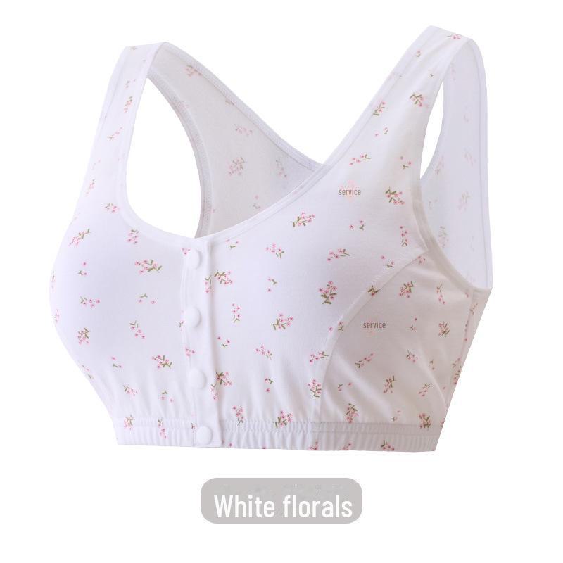 Zhangyan Pastoral Style Pure Cotton Bra: Large Cup, Front Buckle, Wide Back, Comfortable & Breathable for Middle-Aged and Elderly.
