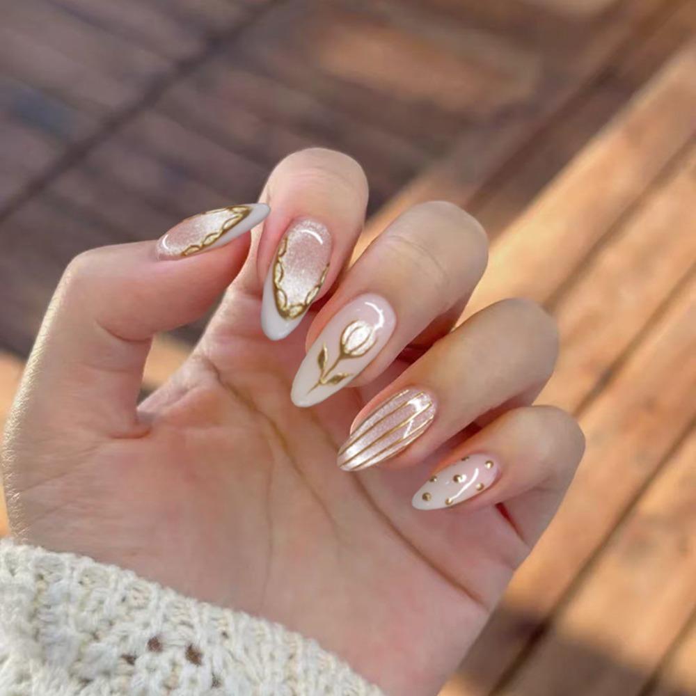24pcs Manicure Long Almond False Nails Gilded Flower Pearl French Fake Nials Detachable Star Bow Press on Nails Women