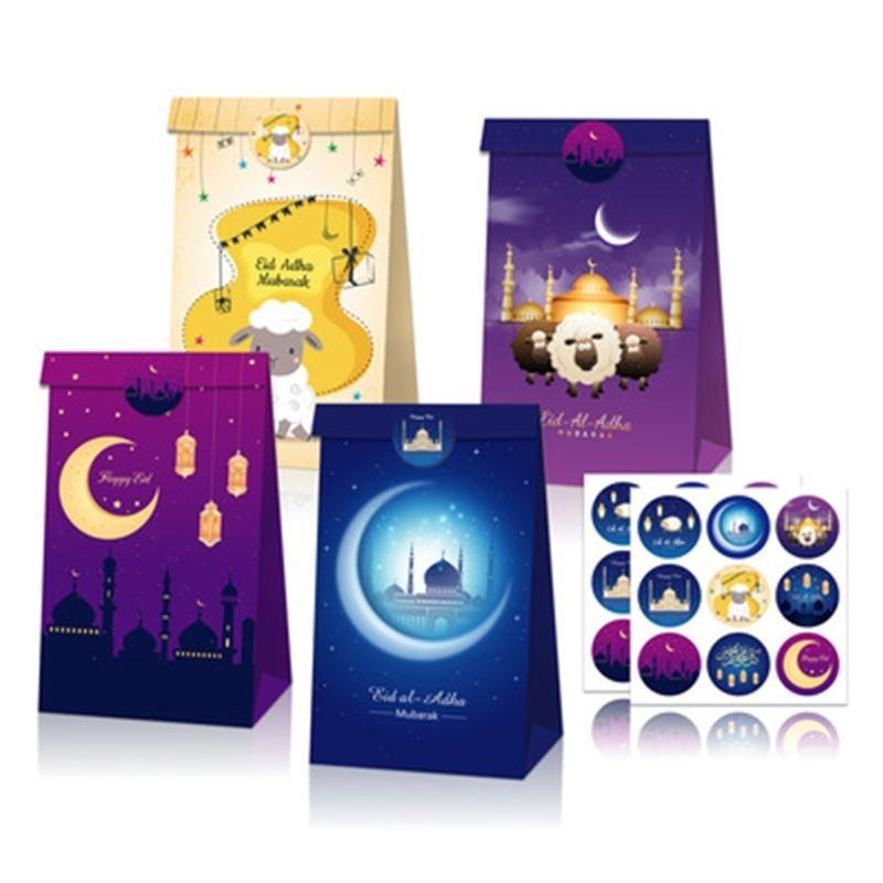12Pcs Eid Mubarak Paper Gift Bags Moon Lantern Castle Print Goodie Candy Treat Packing Islamic Muslim Ramadan