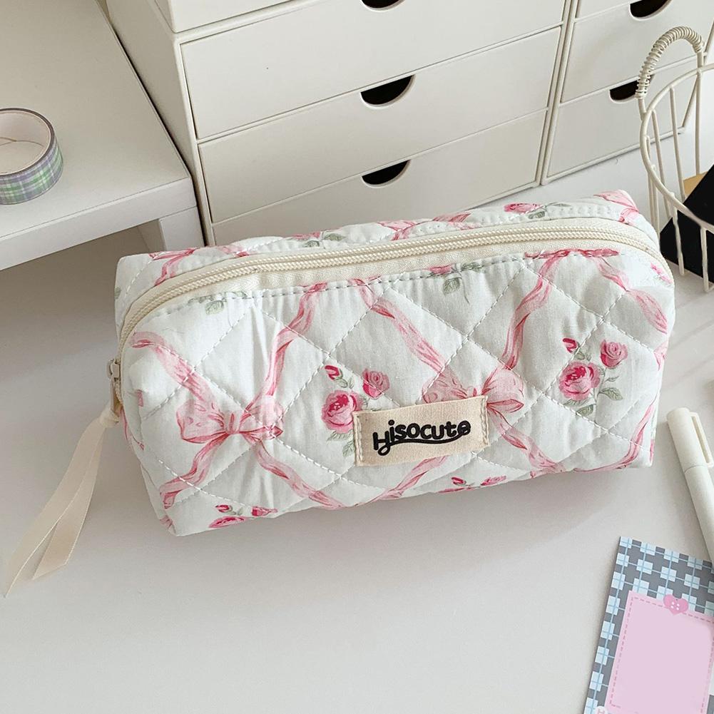 Quilted Bow Floral Pencil Case Multi-Layer Stationery Storage Bag Stationery Organizer for Teen Girls