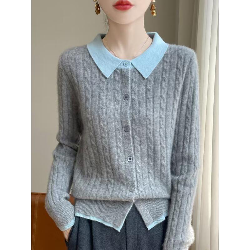 

POLO воротник небольшой поворот короткий цветной блок вязаный кардиган женский пуловер свитер рубашка низ куртка 2XL