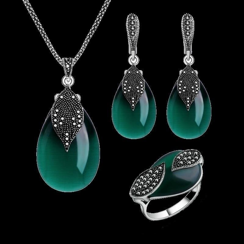 Vintage Women Jewelry Set Necklace Earring Ring Set Leaf Water Drop Necklace Earring Set Necklace Earring Ring Jewelry Sets Women Jewelry Sets ARI