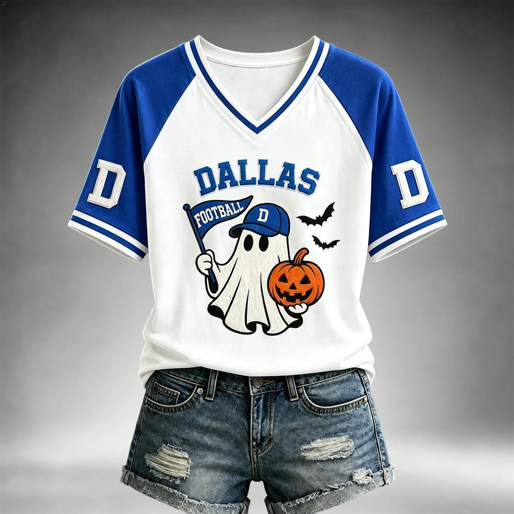 Women's Casual V-Neck Short Sleeve Top Lightweight Breathable Football Team Print Shirt